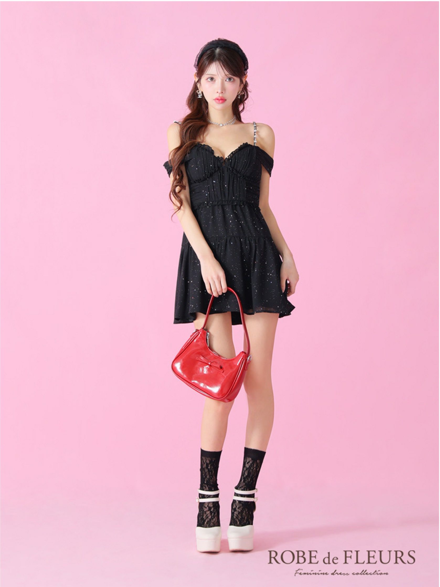 ROBE de FLEURS ローブドフルール 2way オフショルラメシフォンキャミフレアミニキャバドレス fm3381-c