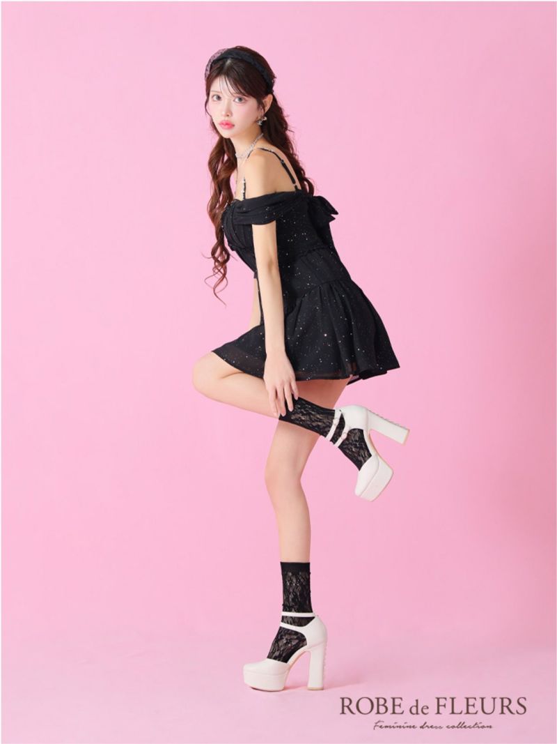 ROBE de FLEURS ローブドフルール 2way オフショルラメシフォンキャミフレアミニキャバドレス fm3381-c