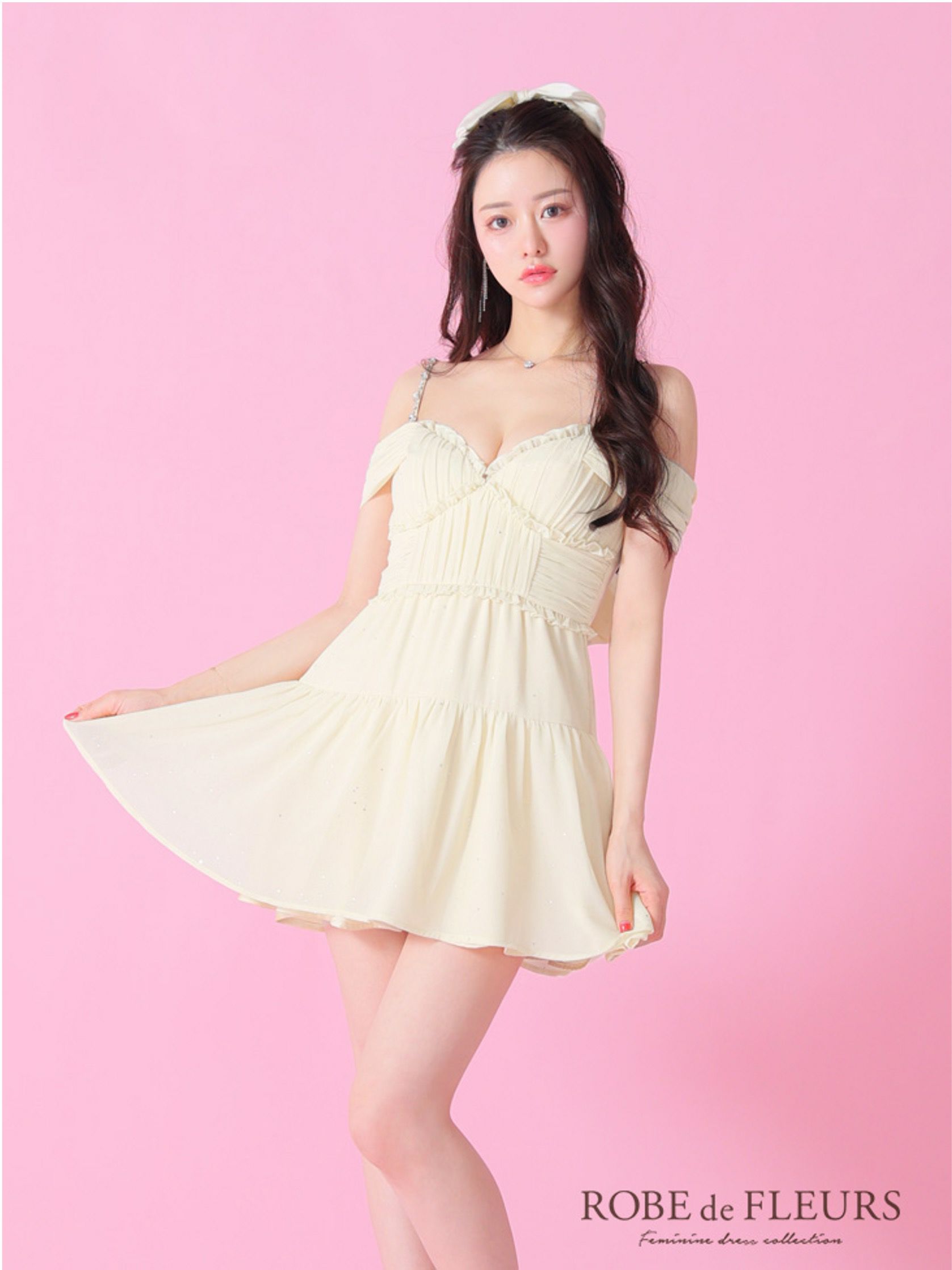 ROBE de FLEURS ローブドフルール 2way オフショルラメシフォンキャミフレアミニキャバドレス fm3381-c