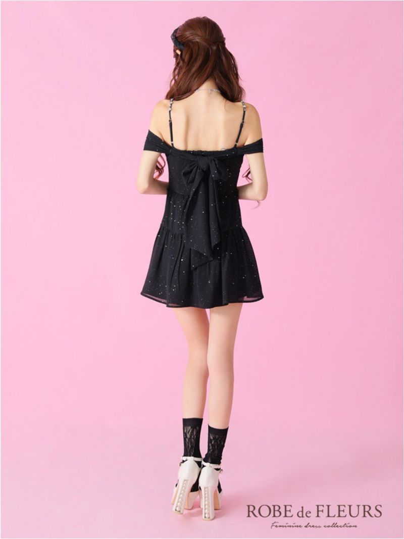 ROBE de FLEURS ローブドフルール 2way オフショルラメシフォンキャミフレアミニキャバドレス fm3381-c