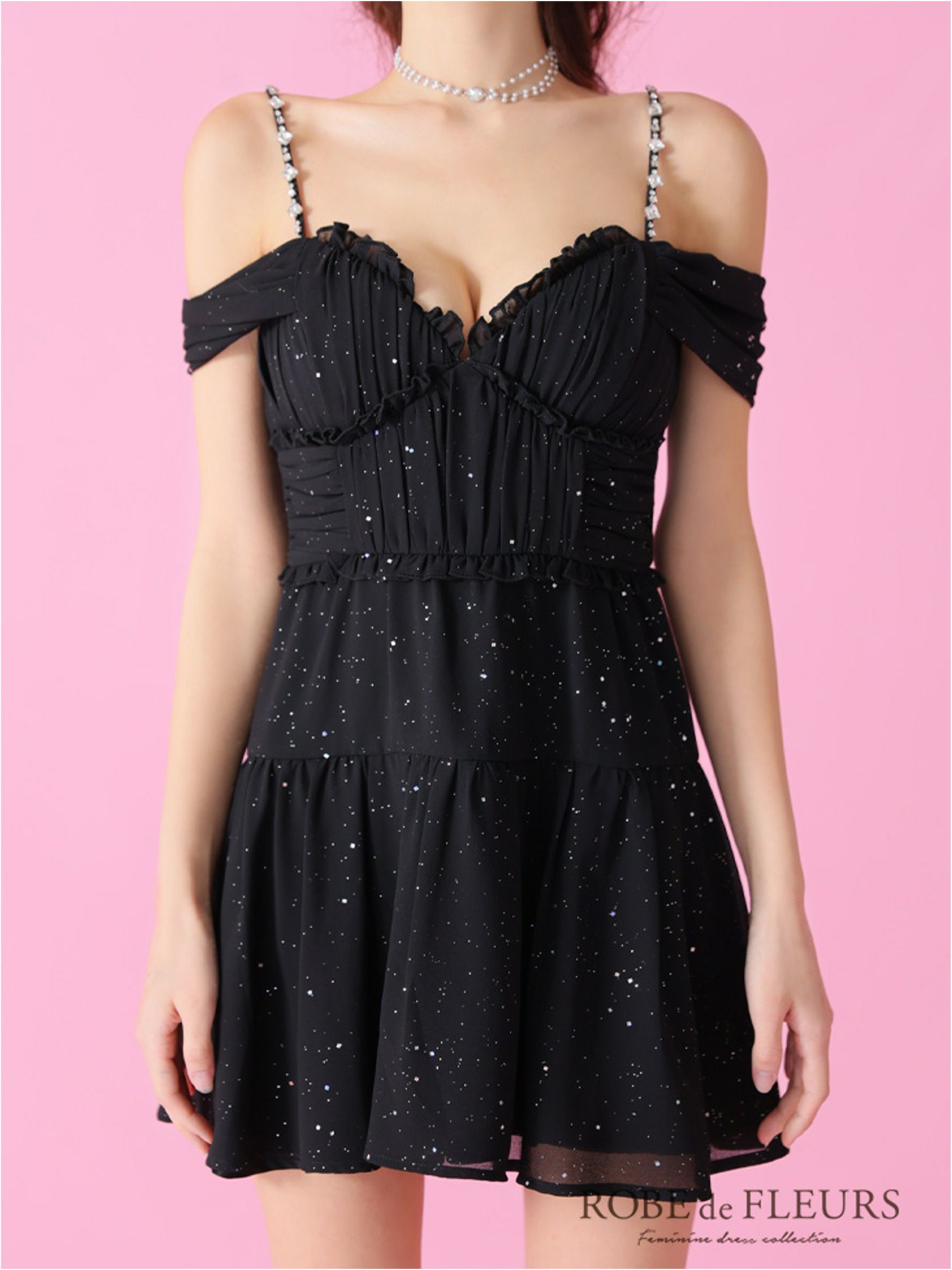 ROBE de FLEURS ローブドフルール 2way オフショルラメシフォンキャミフレアミニキャバドレス fm3381-c