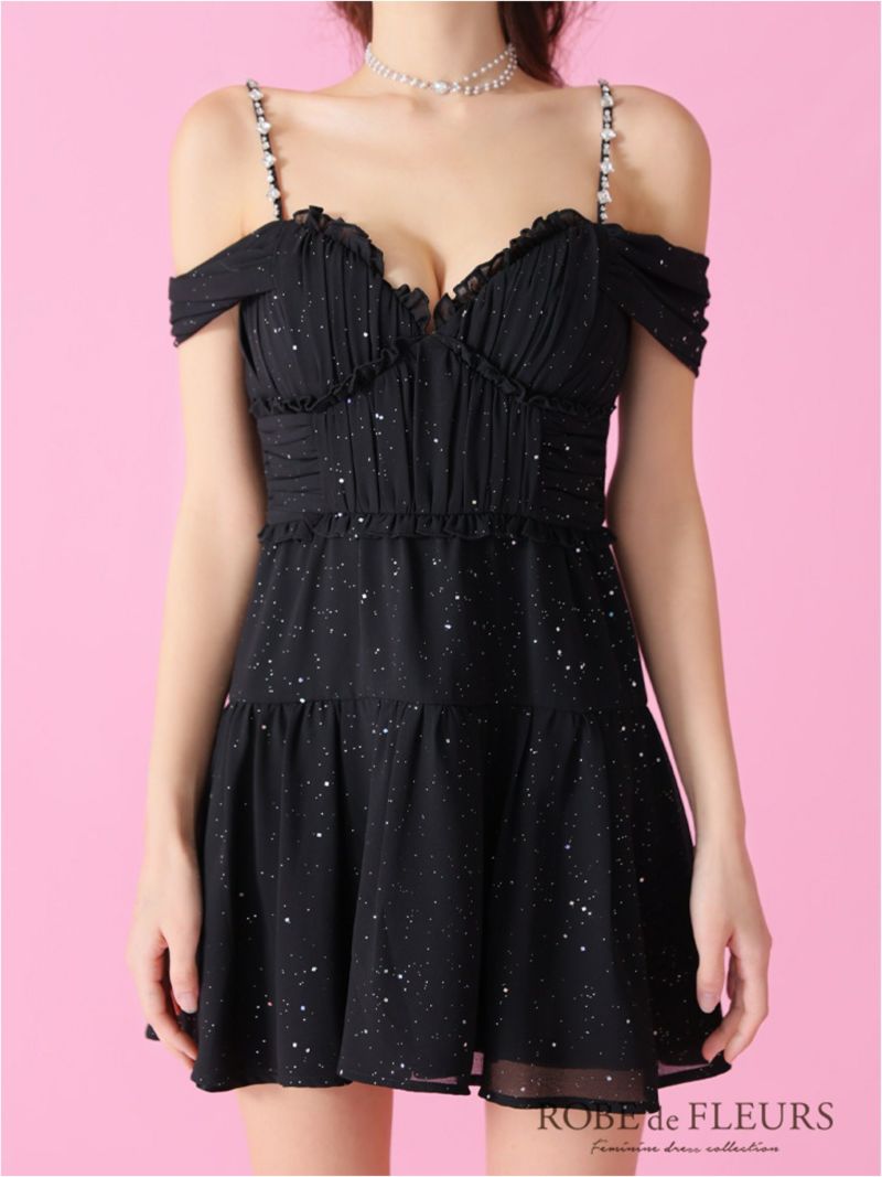 ROBE de FLEURS ローブドフルール 2way オフショルラメシフォンキャミフレアミニキャバドレス fm3381-c