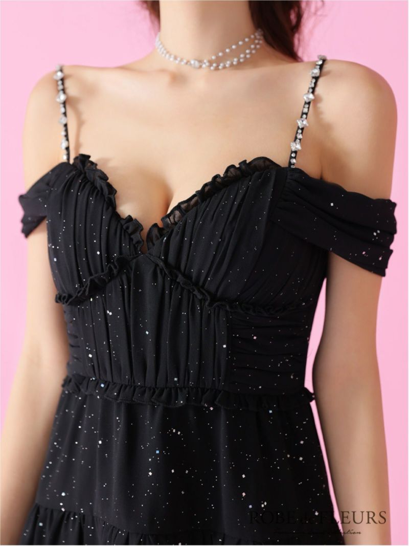 ROBE de FLEURS ローブドフルール 2way オフショルラメシフォンキャミフレアミニキャバドレス fm3381-c