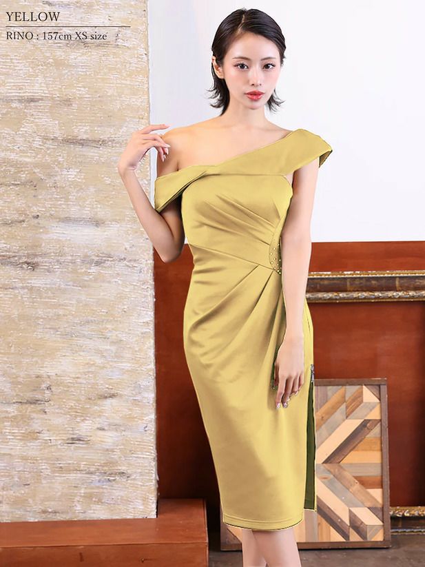 Veautt ヴュート ワンショルダータックビジューファスナータイトミディアムドレス ロイヤルブルー vt082505-1