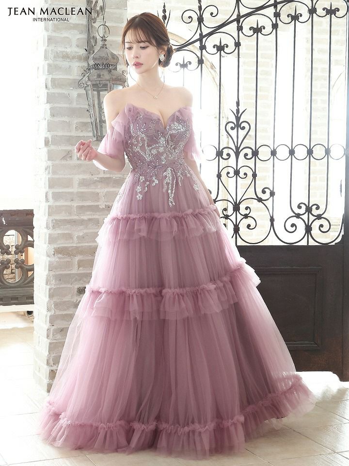 JEAN MACLEAN ジャンマクレーン オフショル/ビーズ刺繍/3段フリルチュール/姫/ロングドレス モーヴピンク ja51805-1