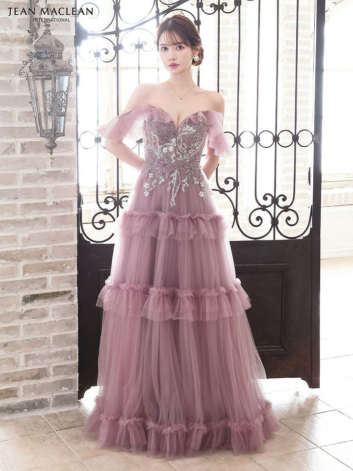 JEAN MACLEAN ジャンマクレーン オフショル/ビーズ刺繍/3段フリルチュール/姫/ロングドレス モーヴピンク ja51805-1