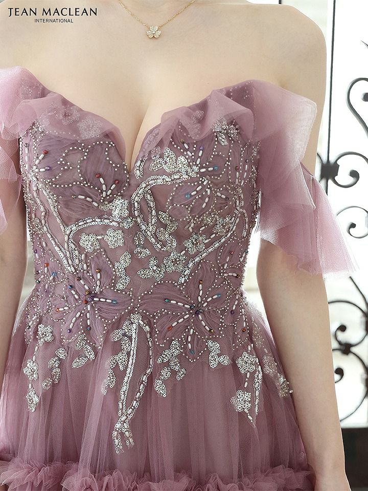 JEAN MACLEAN ジャンマクレーン オフショル/ビーズ刺繍/3段フリルチュール/姫/ロングドレス ブルー ja51805-2