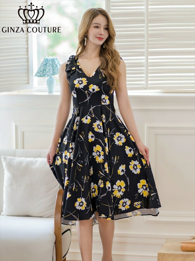 ERUKEI エルケイ ブラック×イエロー 花柄・肩リボン・Aライン・ミディアムドレス・ワンピース ek-c36018-1