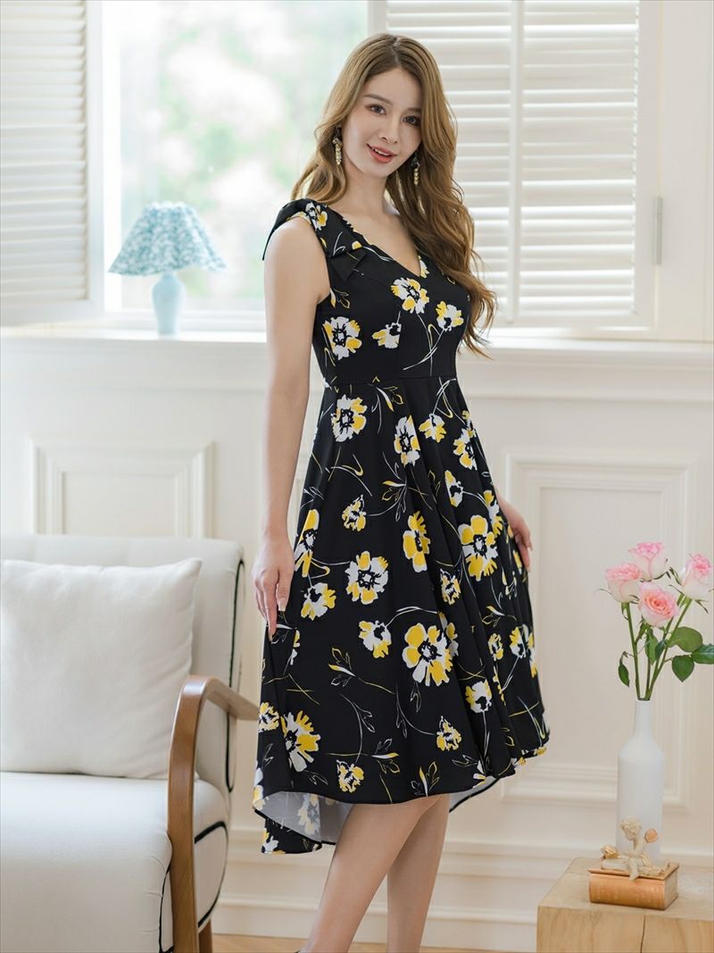 ERUKEI エルケイ ブラック×イエロー 花柄・肩リボン・Aライン・ミディアムドレス・ワンピース ek-c36018-1