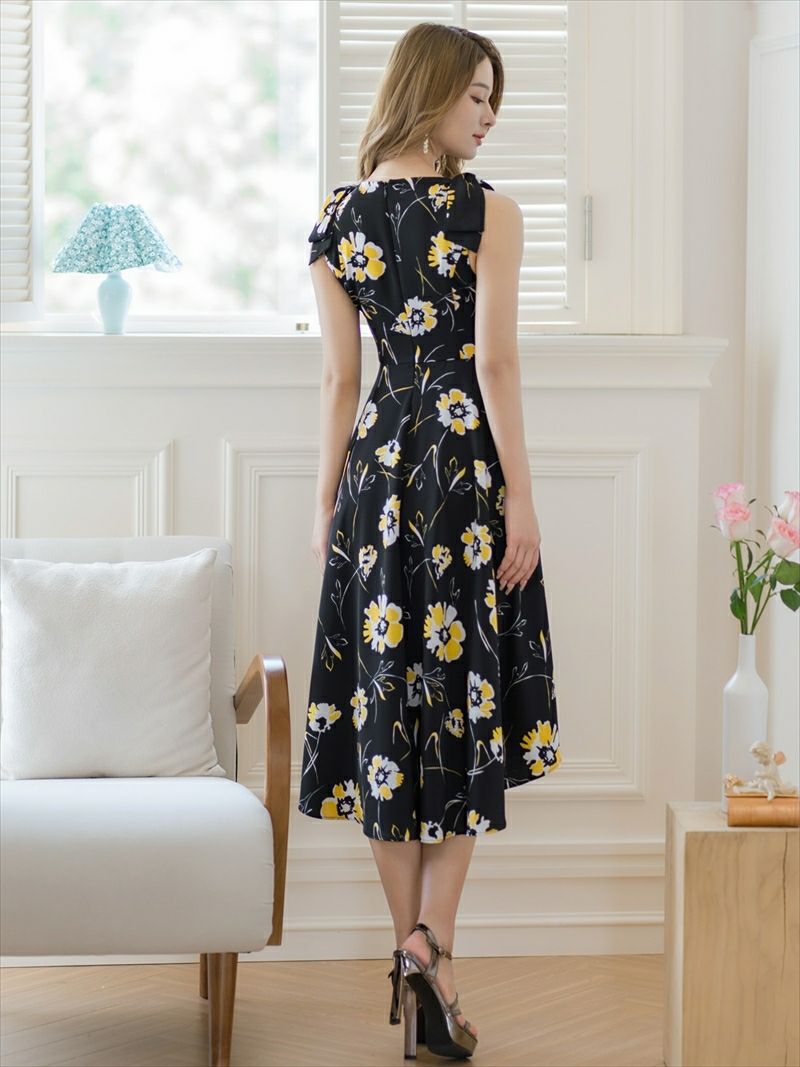 ERUKEI エルケイ ブラック×イエロー 花柄・肩リボン・Aライン・ミディアムドレス・ワンピース ek-c36018-1