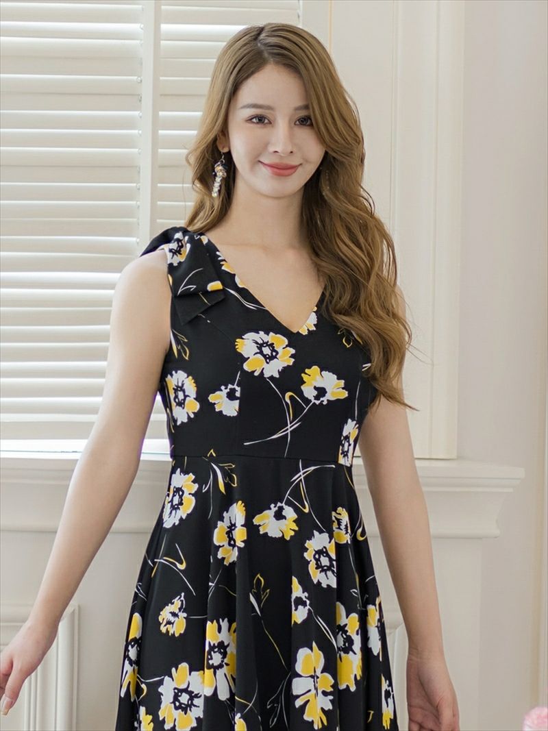 ERUKEI エルケイ ブラック×イエロー 花柄・肩リボン・Aライン・ミディアムドレス・ワンピース ek-c36018-1
