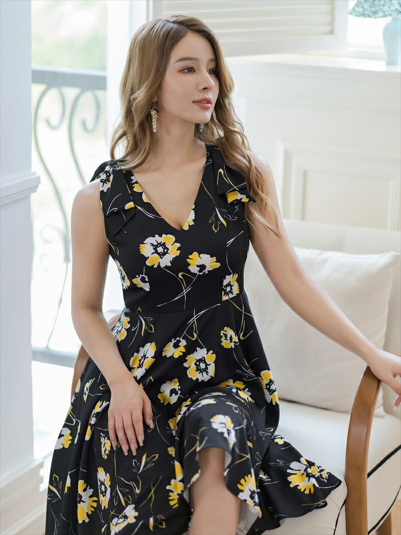 ERUKEI エルケイ ブラック×イエロー 花柄・肩リボン・Aライン・ミディアムドレス・ワンピース ek-c36018-1