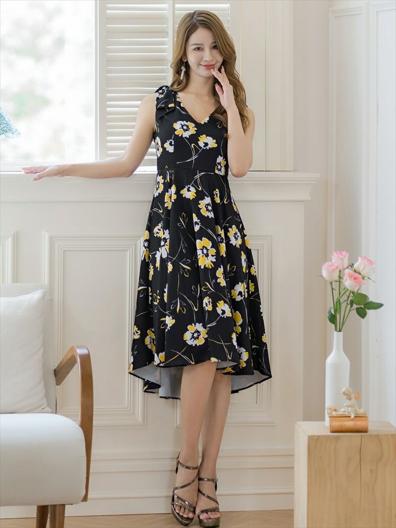 ERUKEI エルケイ ブラック×イエロー 花柄・肩リボン・Aライン・ミディアムドレス・ワンピース ek-c36018-1