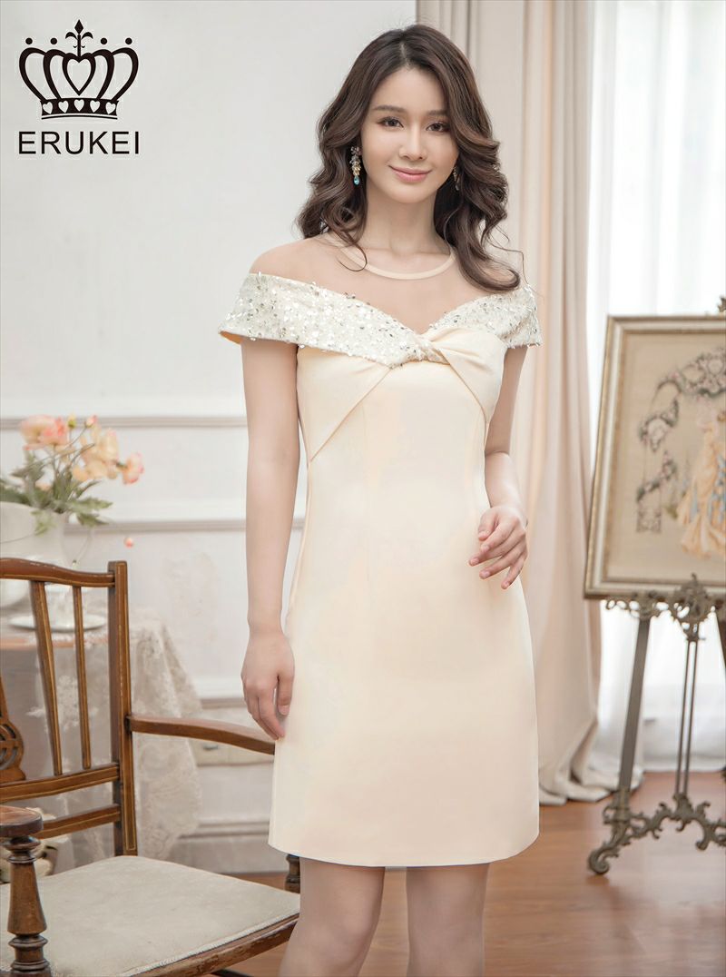 ERUKEI エルケイ アイボリー オフショルダー風・胸元シースルー・スパンコール・ビジュー・タイト・ミニドレス・ワンピース ek-e23095-1