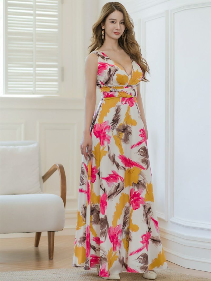 ERUKEI エルケイ ホワイト×ピンク プリント・ペイント柄・サテン・ノースリーブ・Vネック・Aライン・ロングドレス ek-e35014-1