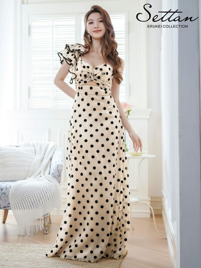 ERUKEI エルケイ ベージュ×ブラック ワンショルダー・ドット・フリル・カットアウト・スピンドル・シンプル・フリル・Aライン・ロングドレス ek-s36201-1
