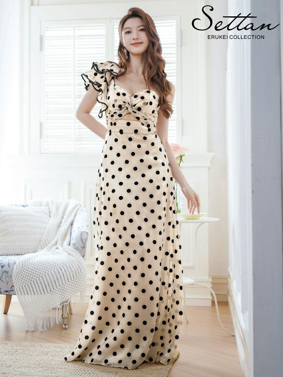 ERUKEI エルケイ ベージュ×ブラック ワンショルダー・ドット・フリル・カットアウト・スピンドル・シンプル・フリル・Aライン・ロングドレス ek-s36201-1
