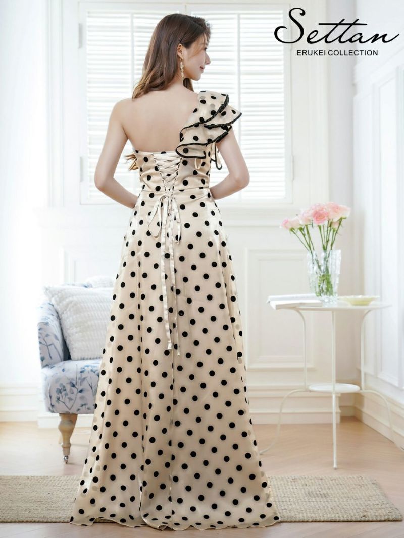 ERUKEI エルケイ ベージュ×ブラック ワンショルダー・ドット・フリル・カットアウト・スピンドル・シンプル・フリル・Aライン・ロングドレス ek-s36201-1