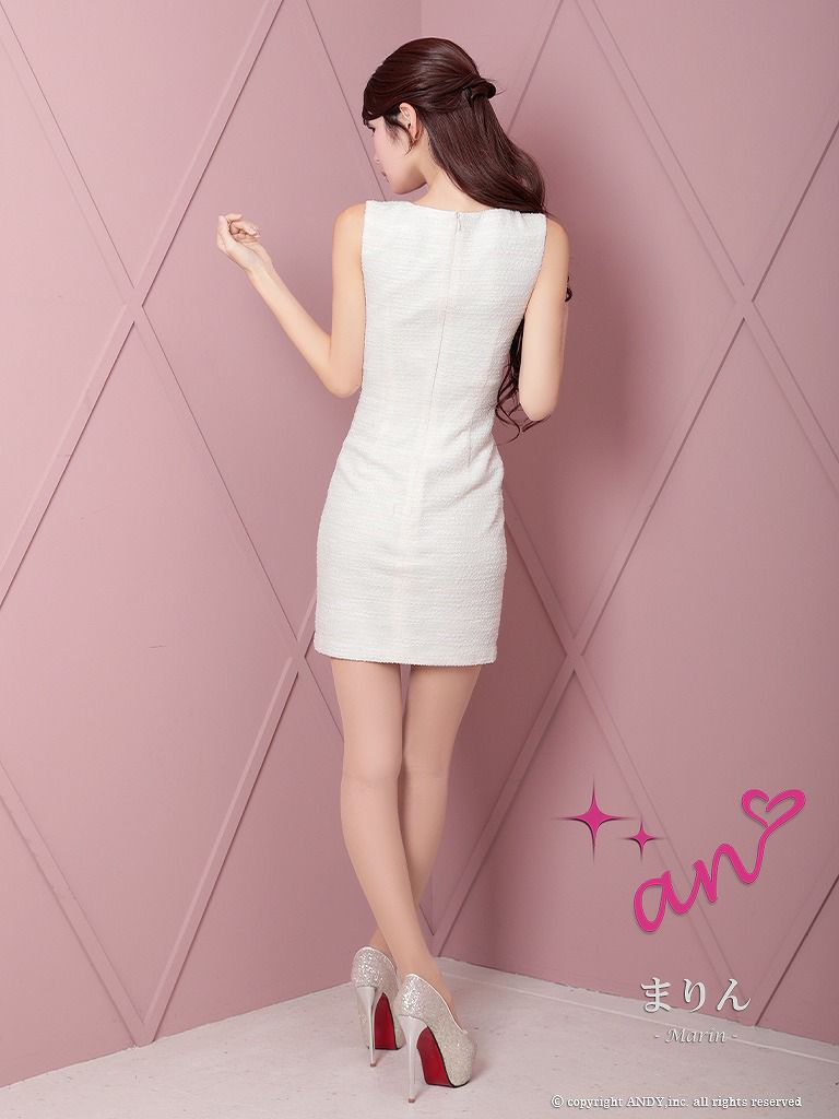 an アン アイボリー スプリングツイード フロントジップ パールボタン タイト ミニドレス aoc-3812-1