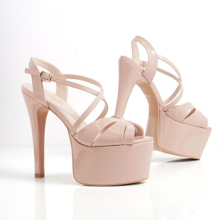 Blue Butterfly ブルーバタフライ コメックス ハイヒール 厚底 ピンヒール プラットフォーム ヒール15cm エナメル オープントゥ クロスストラップ パンプス サンダル ピンクベージュ bl9009