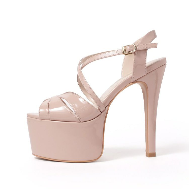 Blue Butterfly ブルーバタフライ コメックス ハイヒール 厚底 ピンヒール プラットフォーム ヒール15cm エナメル オープントゥ クロスストラップ パンプス サンダル ピンクベージュ bl9009