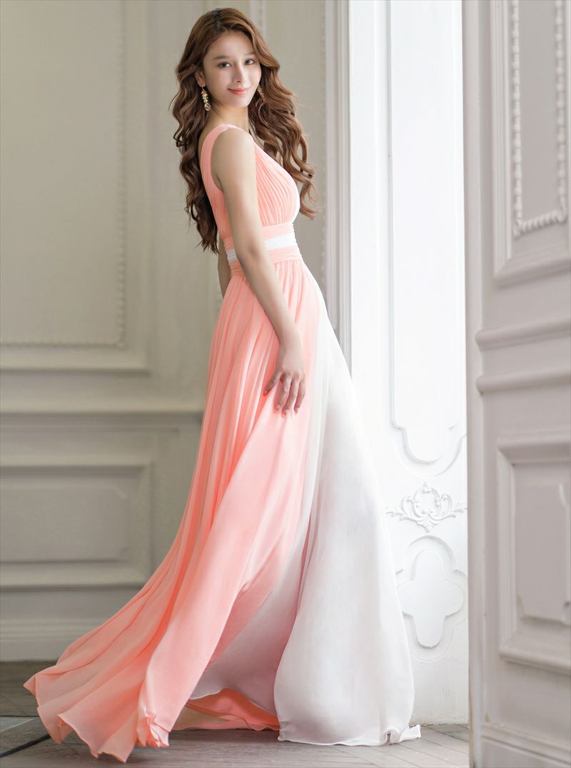 ERUKEI エルケイ ピンク×ホワイト バイカラー・シフォン・ハイウエスト・シフォン・Aライン・ロングドレス ek-s34101-1