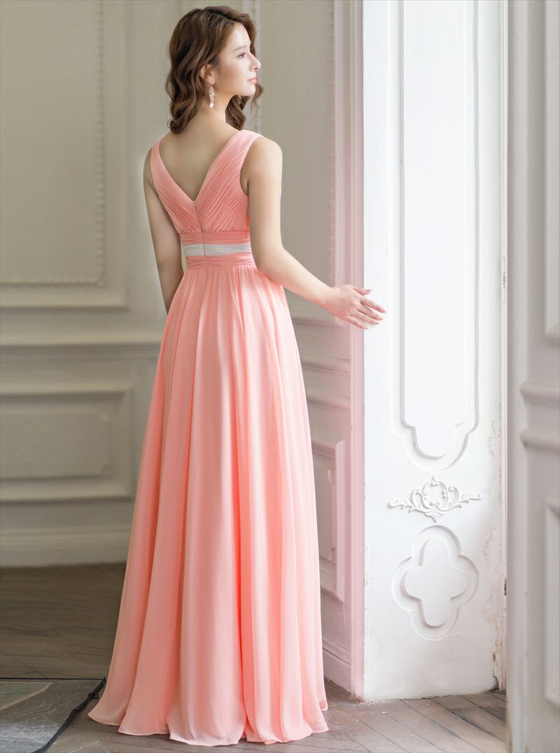 ERUKEI エルケイ ピンク×ホワイト バイカラー・シフォン・ハイウエスト・シフォン・Aライン・ロングドレス ek-s34101-1