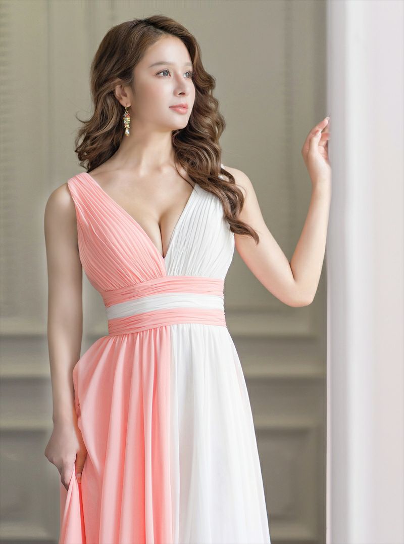 ERUKEI エルケイ ピンク×ホワイト バイカラー・シフォン・ハイウエスト・シフォン・Aライン・ロングドレス ek-s34101-1