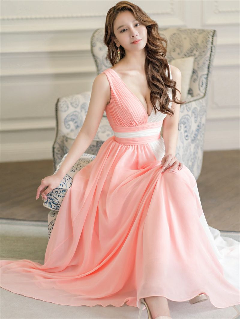 ERUKEI エルケイ ピンク×ホワイト バイカラー・シフォン・ハイウエスト・シフォン・Aライン・ロングドレス ek-s34101-1