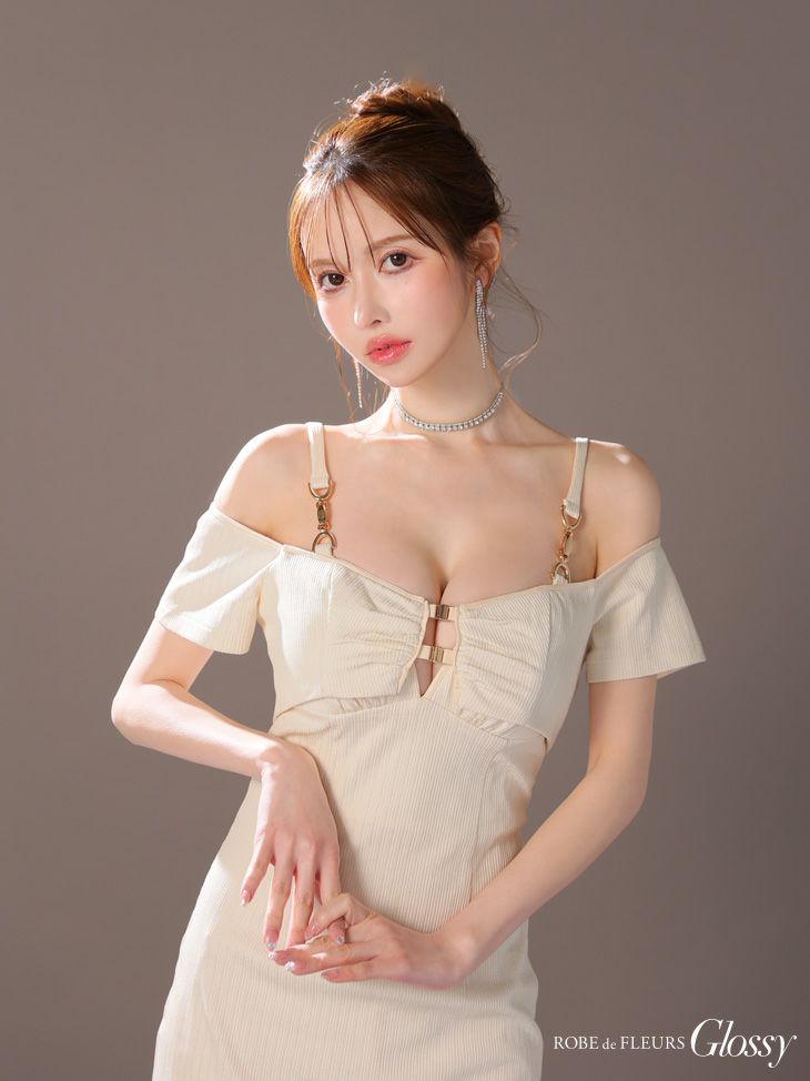 Glossy ローブドフルールグロッシー アイボリー 2wayボレロ付きシンプルリブタイトキャミキャバドレス gl3906-3