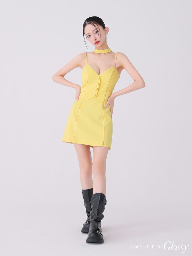 Glossy ローブドフルールグロッシー イエロー チョーカーデザインフロントボタンタイトキャバドレス gl3921-1