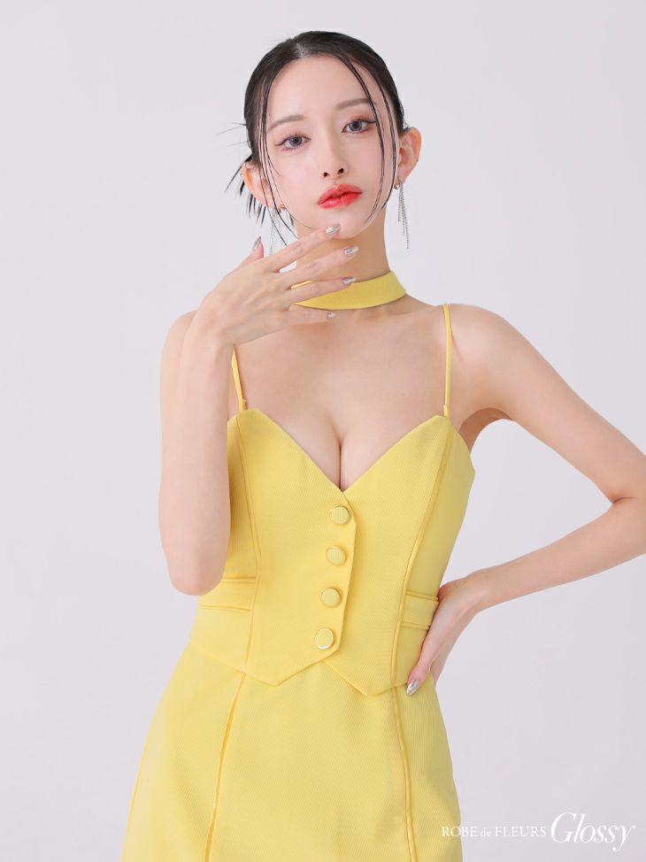 Glossy ローブドフルールグロッシー イエロー チョーカーデザインフロントボタンタイトキャバドレス gl3921-1