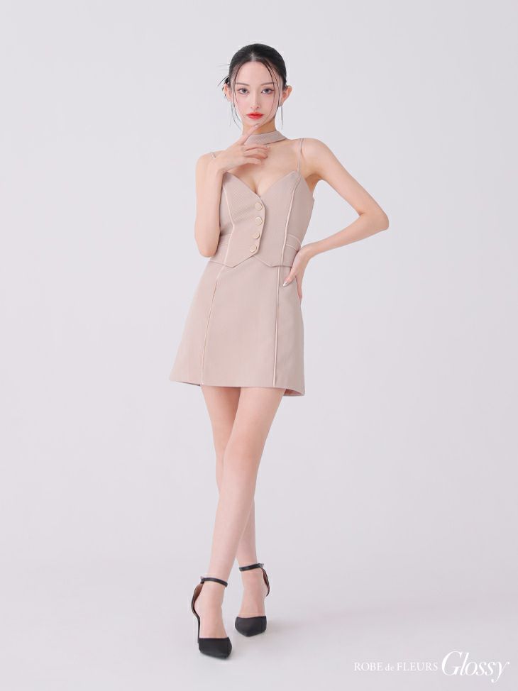 Glossy ローブドフルールグロッシー ピンクベージュ チョーカーデザインフロントボタンタイトキャバドレス gl3921-2