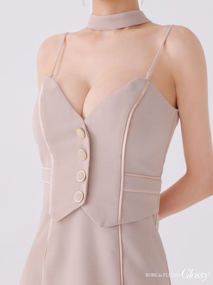 Glossy ローブドフルールグロッシー ピンクベージュ チョーカーデザインフロントボタンタイトキャバドレス gl3921-2