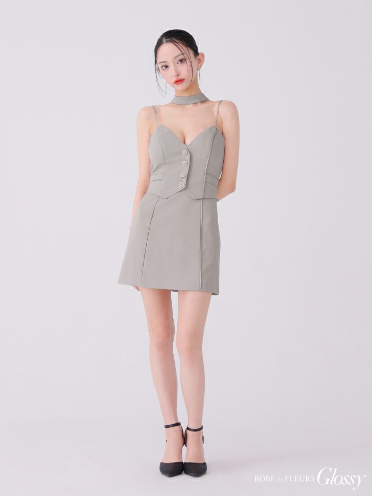 Glossy ローブドフルールグロッシー グレー チョーカーデザインフロントボタンタイトキャバドレス gl3921-3