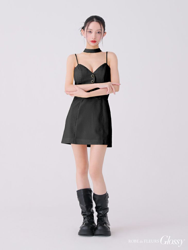 Glossy ローブドフルールグロッシー ブラック チョーカーデザインフロントボタンタイトキャバドレス gl3921-4