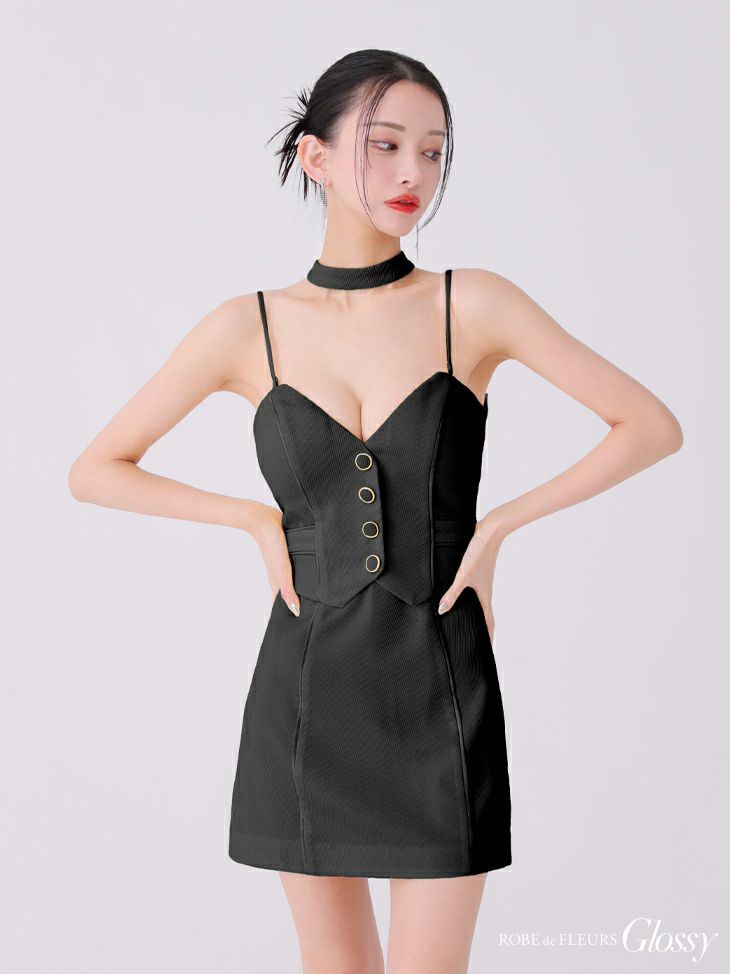 Glossy ローブドフルールグロッシー ブラック チョーカーデザインフロントボタンタイトキャバドレス gl3921-4