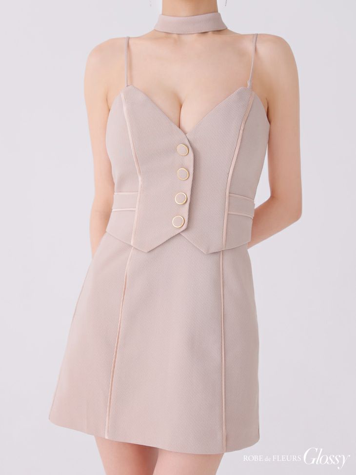 Glossy ローブドフルールグロッシー ブラック チョーカーデザインフロントボタンタイトキャバドレス gl3921-4