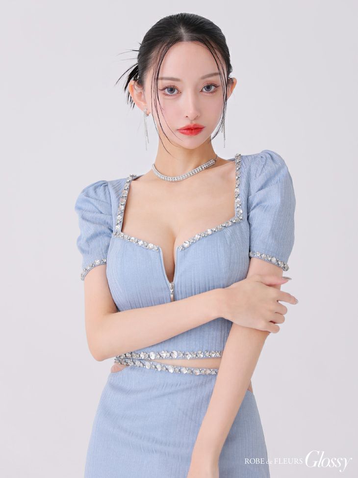 Glossy ローブドフルールグロッシー ブルー ビジューリブニットウエストシアータイトキャバドレス gl3922-2
