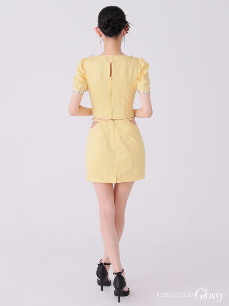 Glossy ローブドフルールグロッシー ブルー ビジューリブニットウエストシアータイトキャバドレス gl3922-2