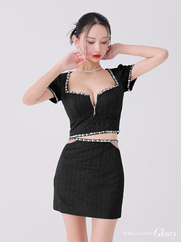 Glossy ローブドフルールグロッシー ブラック ビジューリブニットウエストシアータイトキャバドレス gl3922-3