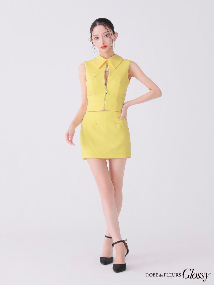 Glossy ローブドフルールグロッシー イエロー バックオープンフロントジップタイトセットアップミニキャバドレス gl3925-1