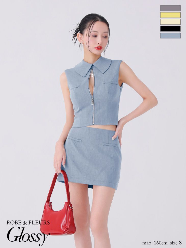 Glossy ローブドフルールグロッシー グレー バックオープンフロントジップタイトセットアップミニキャバドレス gl3925-2