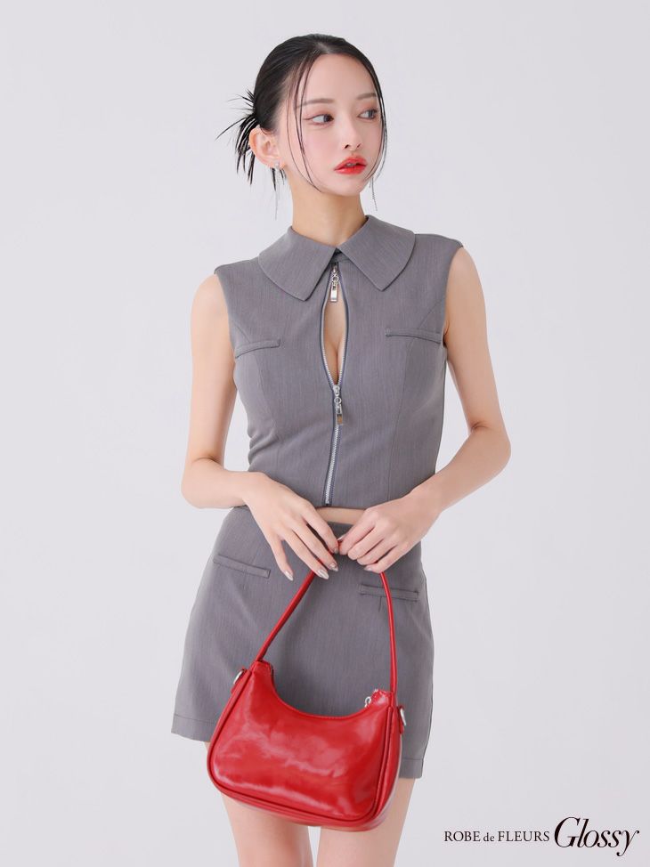 Glossy ローブドフルールグロッシー グレー バックオープンフロントジップタイトセットアップミニキャバドレス gl3925-2