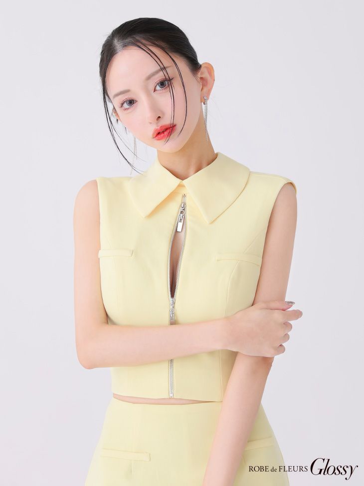 Glossy ローブドフルールグロッシー アイボリー バックオープンフロントジップタイトセットアップミニキャバドレス gl3925-3