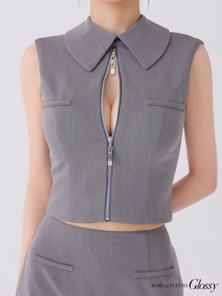 Glossy ローブドフルールグロッシー アイボリー バックオープンフロントジップタイトセットアップミニキャバドレス gl3925-3