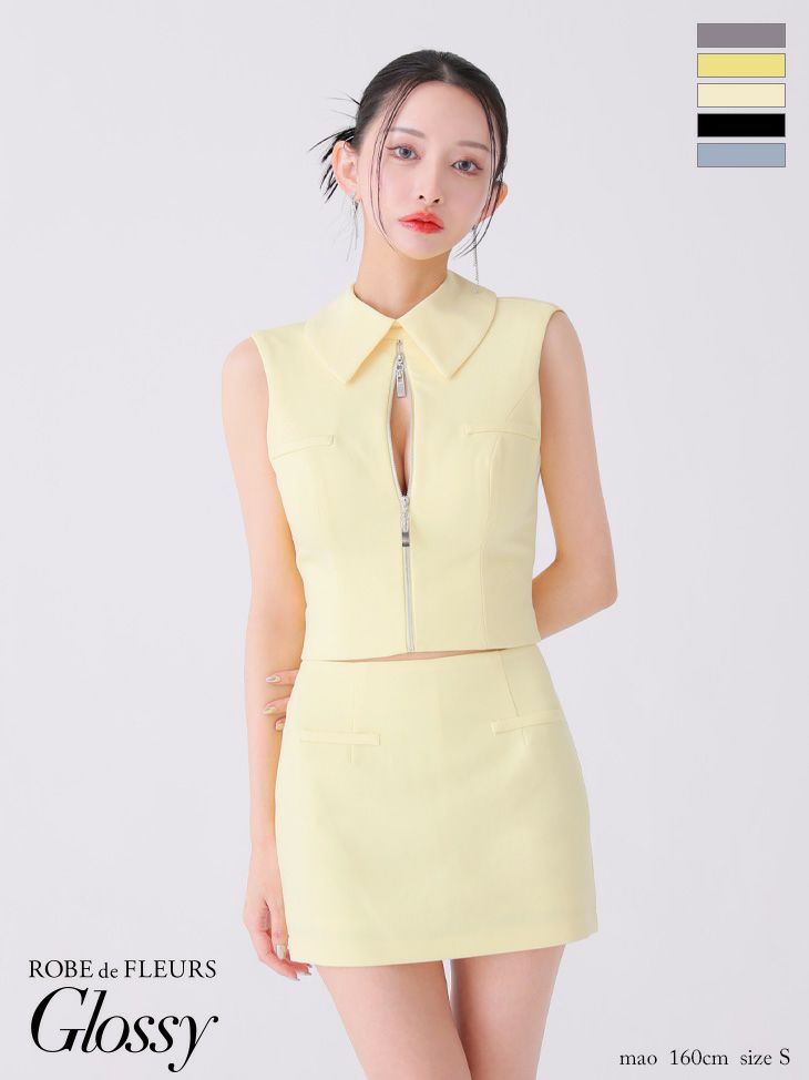 Glossy ローブドフルールグロッシー ブラック バックオープンフロントジップタイトセットアップミニキャバドレス gl3925-4