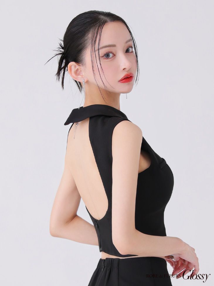 Glossy ローブドフルールグロッシー ブラック バックオープンフロントジップタイトセットアップミニキャバドレス gl3925-4