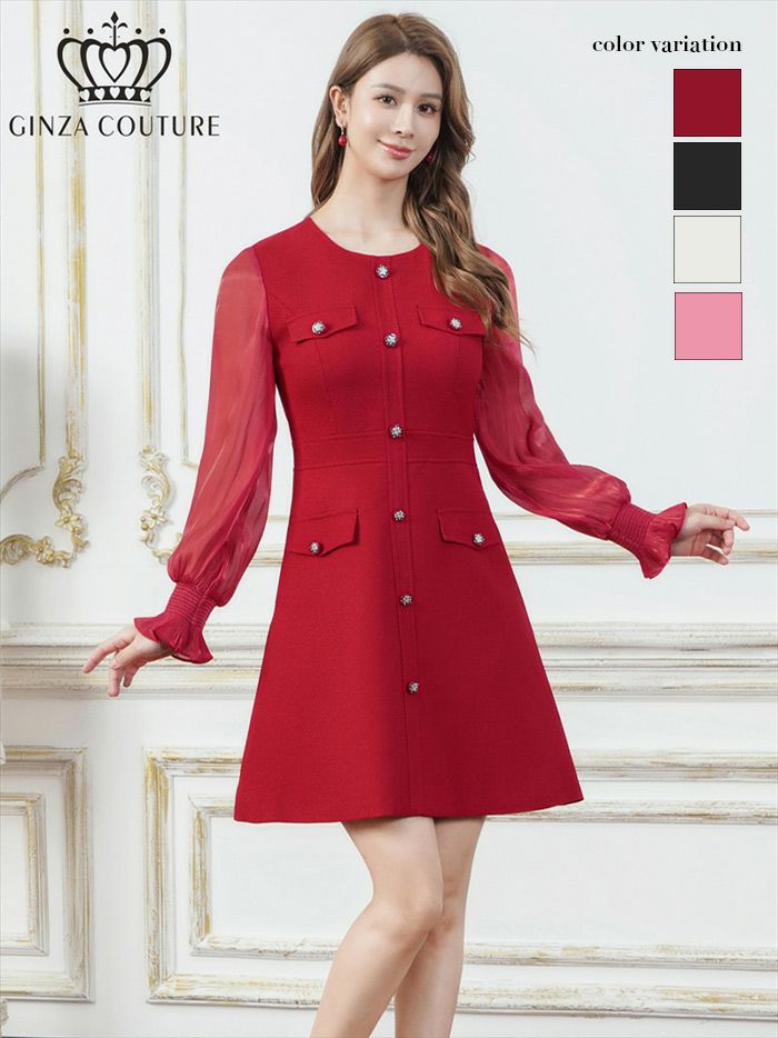 ERUKEI エルケイ ビジューボタン・シアー・ラメ糸・ポケット・切替・長袖・Aライン・ミニドレス・ワンピース ek-c24181-1