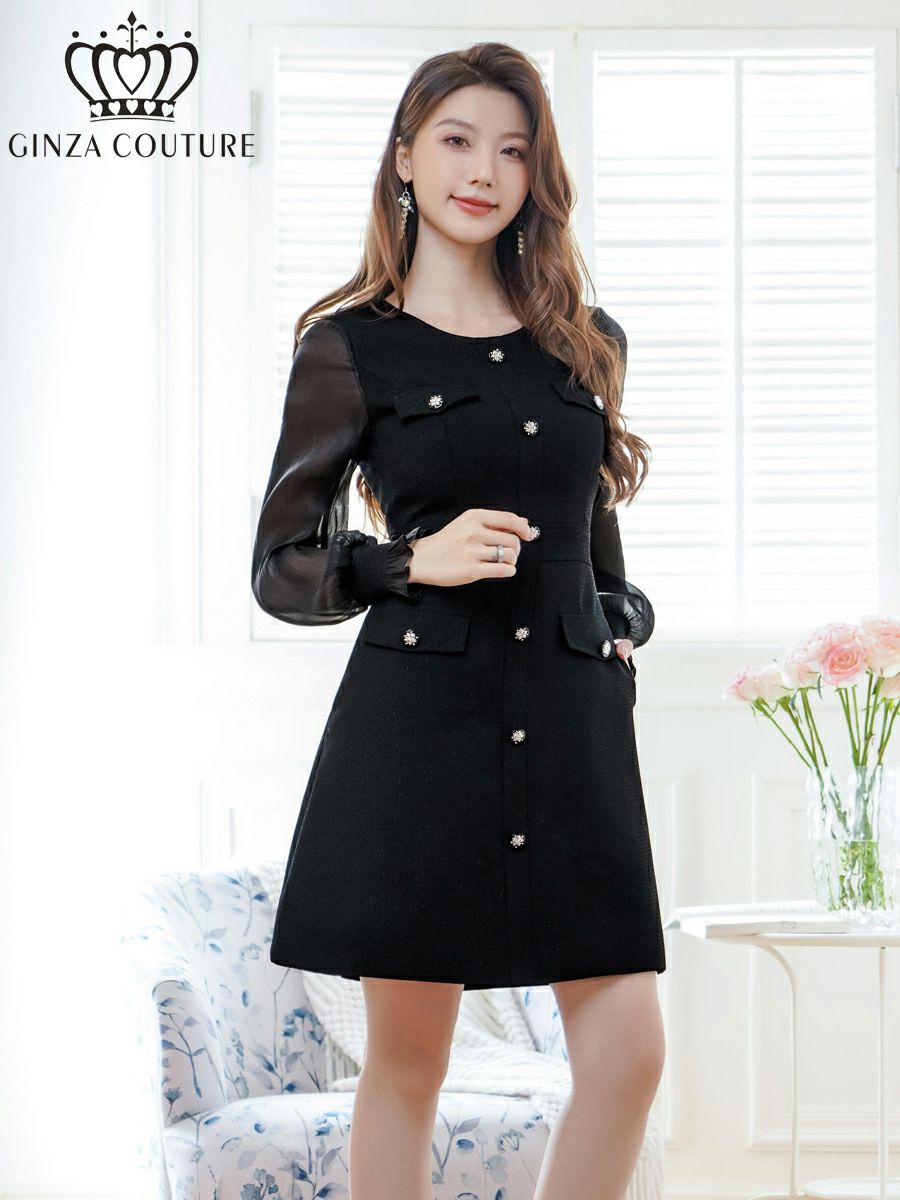 ERUKEI エルケイ ビジューボタン・シアー・ラメ糸・ポケット・切替・長袖・Aライン・ミニドレス・ワンピース ek-c24181-1